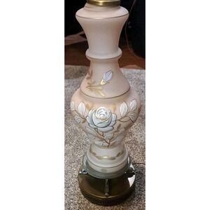 Vintage Pink Satin Glass Lamp Hand Painted Gold Gilding Flowers 30" West Germany